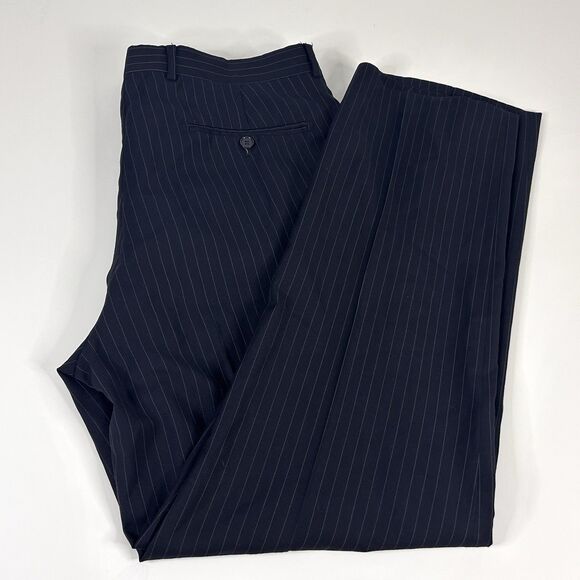 Mantoni 42R Suit 36x31 Flat Front 100% Wool Black Pinstriped Two Button Vented - Picture 10 of 13